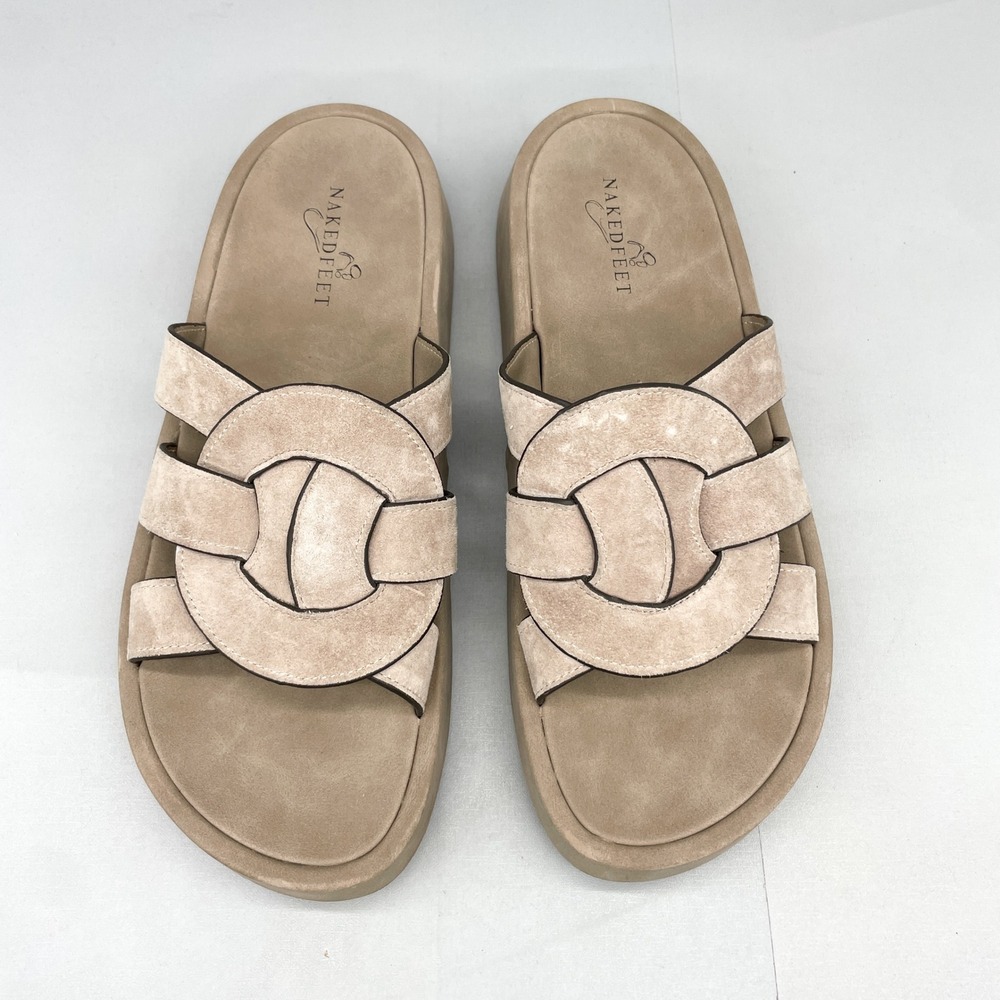 Naked Feet Womens 9M Market Platform Slide Sandals Tan Beige Suede Boho Comfort
